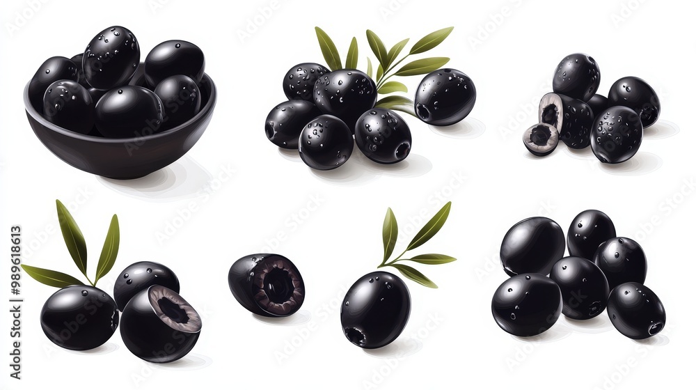Aufkleber minimal vector collection of black olives in various angles and views for graphic design mockup temp