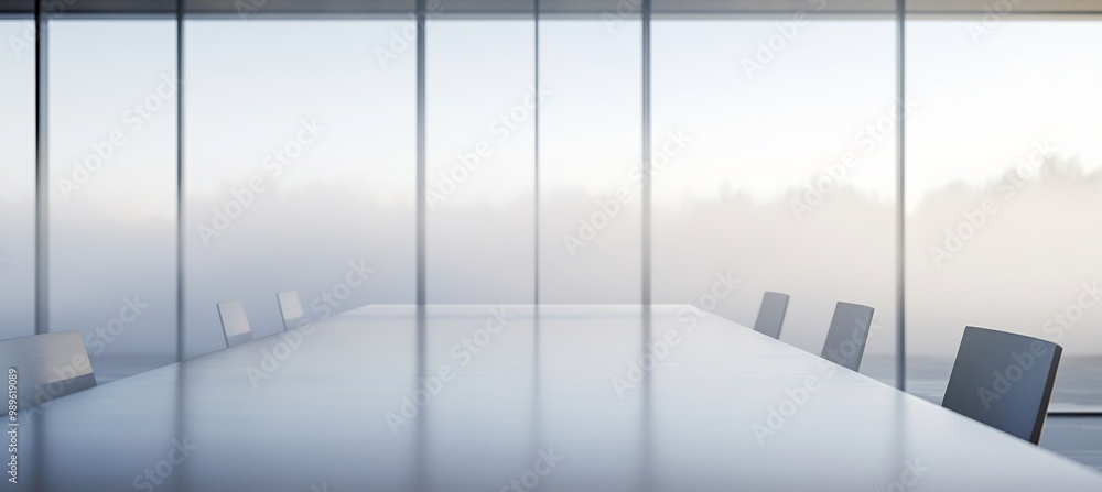 Poster blurry shot of minimalist corporate boardroom using tiltshift photography to focus on the sleek tabl