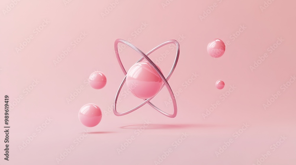 Poster futuristic 3d atom model with electron orbits on pastel background - abstract concept of quantum phy