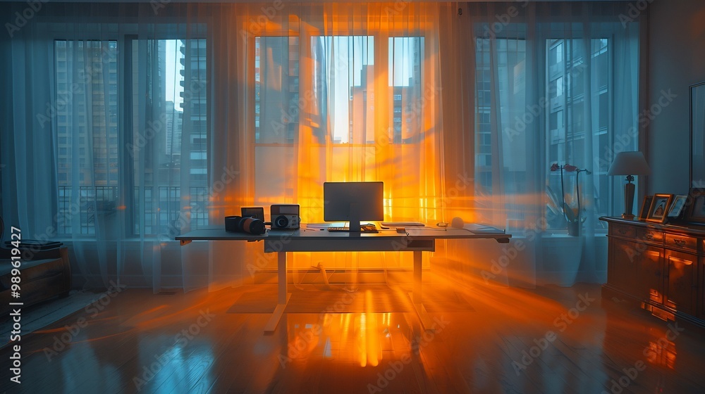 Poster blurry shot of minimalist standing desk with modern gadgets using a long exposure to capture subtle 