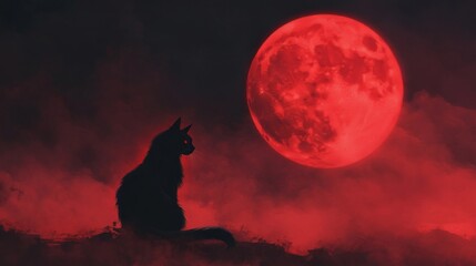 Black Cat Silhouetted Against a Blood Red Moon