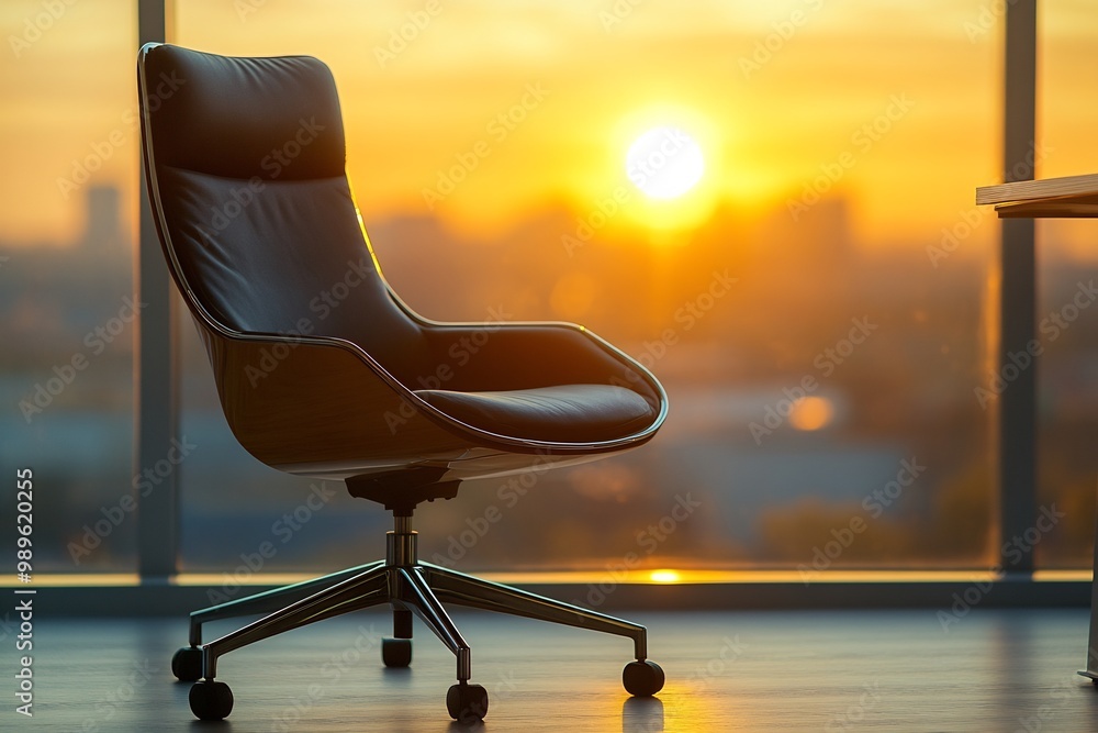 Poster blurry silhouette of minimalist chair in front of a desk using backlighting from a window to create 