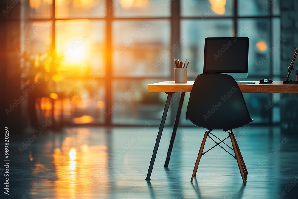 Poster blurry silhouette of minimalist chair in front of a desk using backlighting from a window to create 