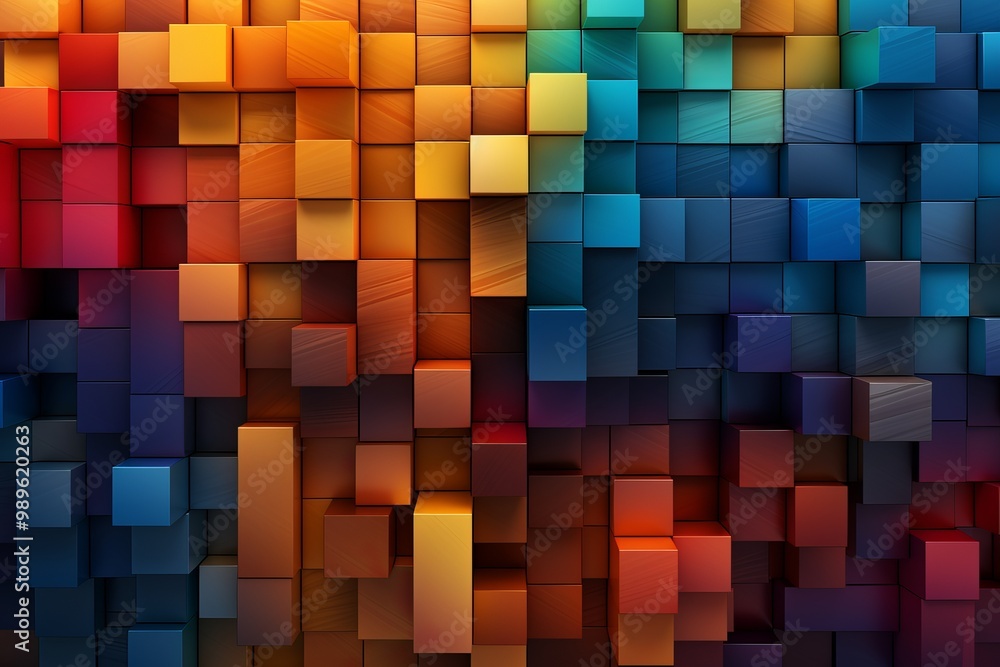Poster colorful three-dimensional blocks creating a vibrant abstract pattern in rich hues and textures