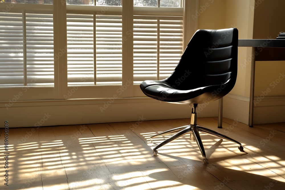 Poster blurry silhouette of minimalist chair in front of a desk using backlighting from a window to create 