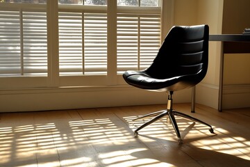 Blurry silhouette of minimalist chair in front of a desk using backlighting from a window to create a soft peaceful office scene