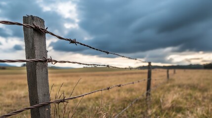 A close-up of a barbed-wire fence stretching across an open field, with dramatic clouds overhead, capturing the rugged beauty of the countryside.