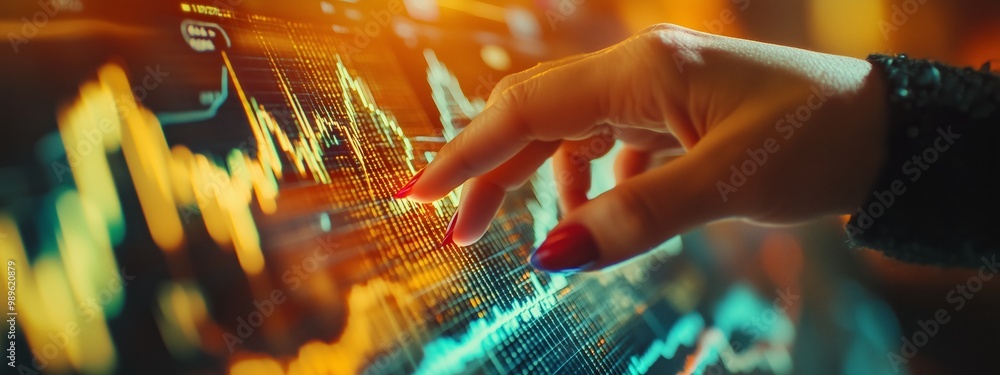 Poster person analyzing financial data on a touchscreen display during a vibrant evening setting in a moder