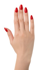 female hand with red nail polish 
