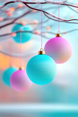 Obraz premium Japanese minimalist scene featuring hanging lanterns in soft pastel colors, set against a tranquil, blurred background.