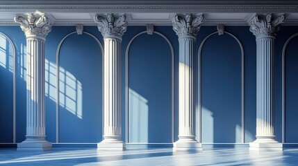 Obraz premium Blue columns in classic architecture with gray walls and shadows