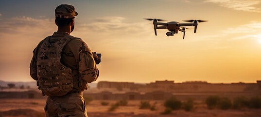 A soldier operates a drone at sunset in a desert landscape