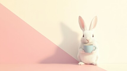 Obraz premium Caffeine-Boosted Bunny: Minimalist AI Rabbit Holding Coffee Cup on Pastel Background