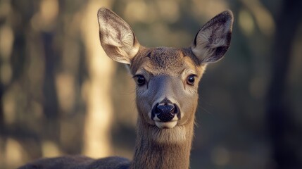 Fototapeta premium A close-up of a deer gentle face, focusing on its large, dark eyes and soft fur, with a blurred forest background to highlight its serene nature.