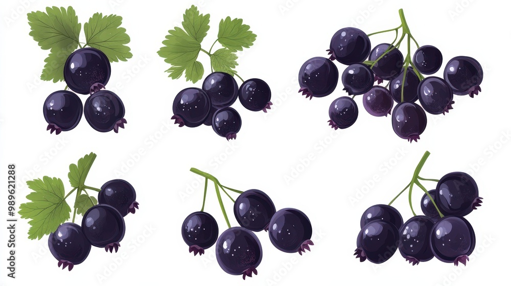 Poster fresh blackcurrants collection in vector style on transparent background for artwork mockups