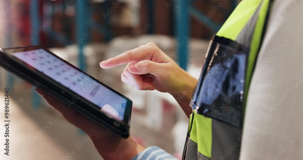 Poster screen, woman or hands on tablet in warehouse distribution for ecommerce shipping or schedule. facto
