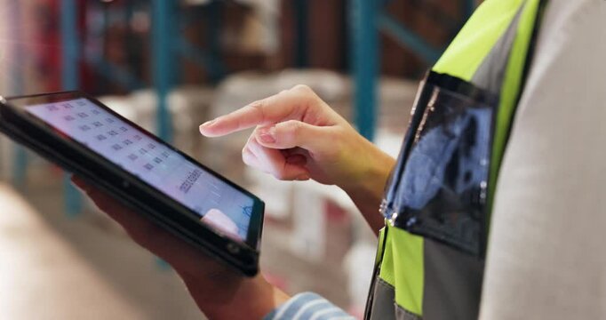 Screen, woman or hands on tablet in warehouse distribution for ecommerce shipping or schedule. Factory inspection, delivery app and logistics worker on touchscreen to organize inventory or checklist - Powered by Adobe