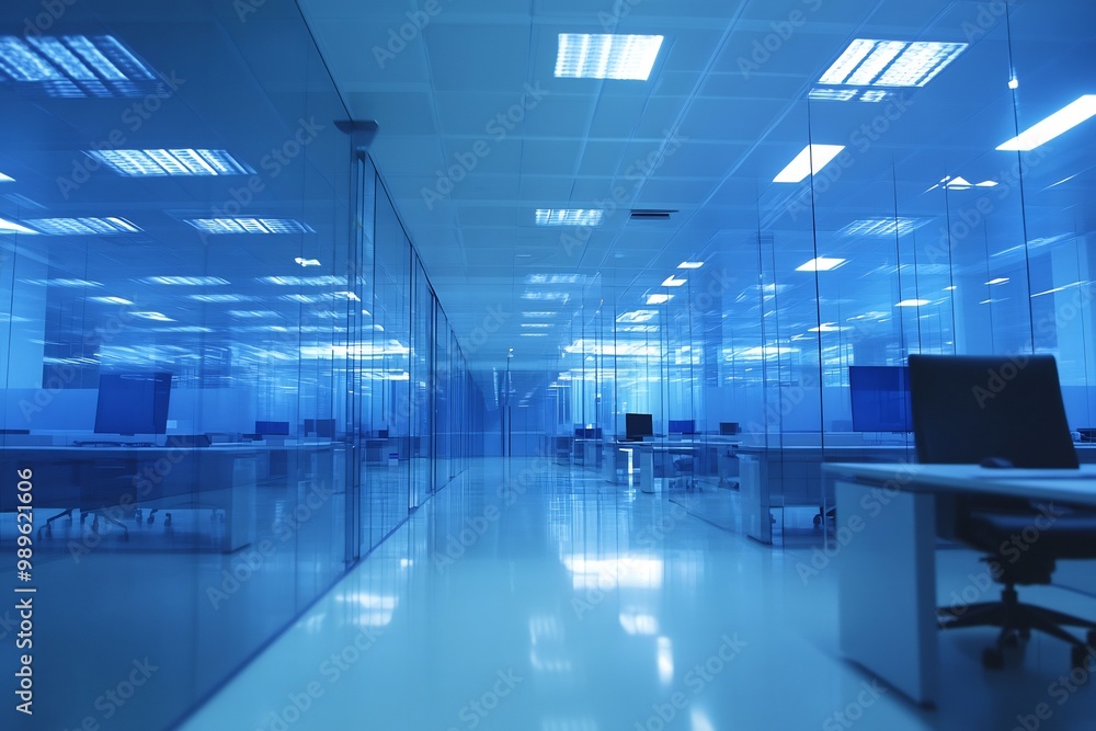 Poster blurry wideangle shot of futuristic corporate office with transparent walls where minimalist desks f