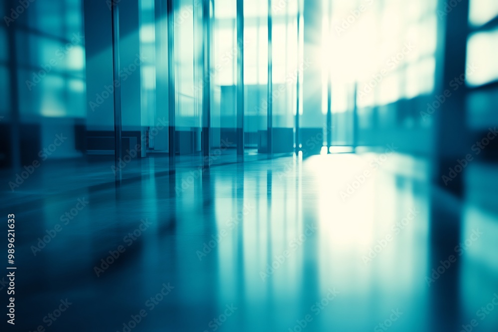 Poster blurry wideangle shot of futuristic corporate office with transparent walls where minimalist desks f