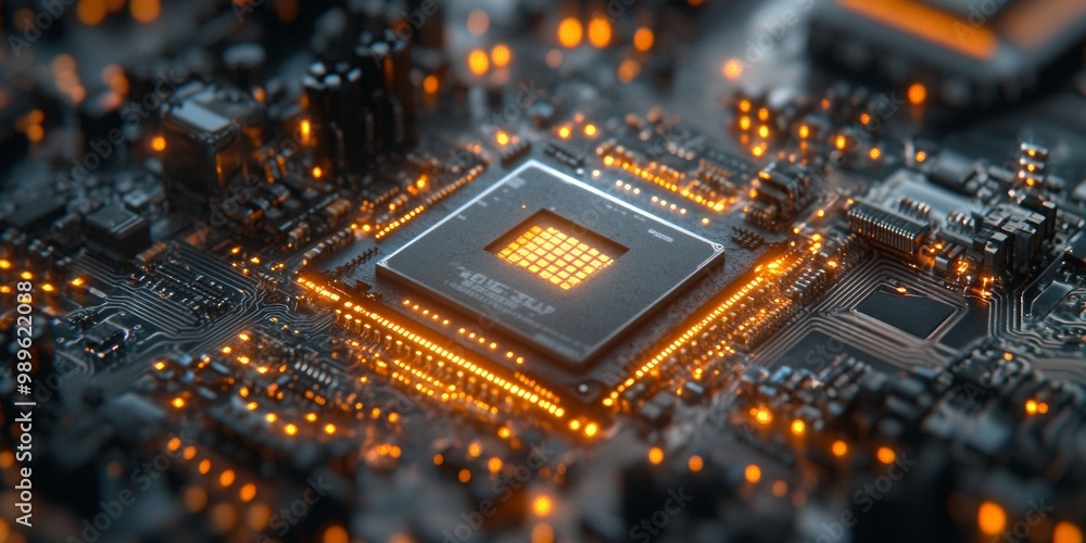 Poster intricate microchip design, showcasing detailed textures against a softly blurred backdrop of abstra