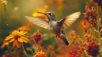 Obraz premium A close-up of a hummingbird hovering near vibrant flowers, its wings a blur of motion, showcasing the beauty of nature and the art of pollination.