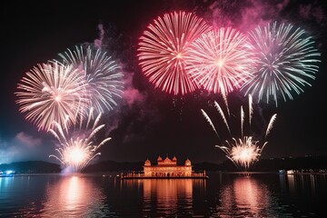 Vibrant Diwali Festival by the Lakeside Featuring Dazzling Fireworks Display