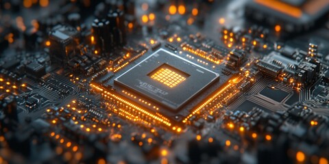 Obraz premium Intricate Microchip Design, showcasing detailed textures against a softly blurred backdrop of abstract technological patterns