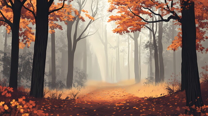 Autumn scene in the forest with foggy trail and trees. Foggy Forest. Illustration