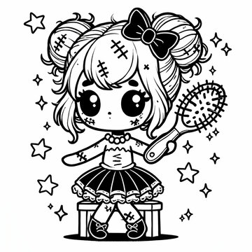 recommend clip art: Cute Doll Character with Bow and Hairbrush Coloring Page, Black and White Line Art Illustration
                    