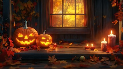 Obraz premium Background with halloween pumpkins, candles and autumn leaves on the wooden house porch
