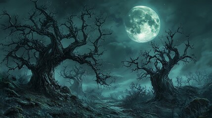 Massive full moon lights up a night landscape with eerie, twisted tree shadows.