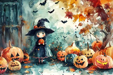 Charming children's art of a witch with pumpkins in watercolor for Halloween.