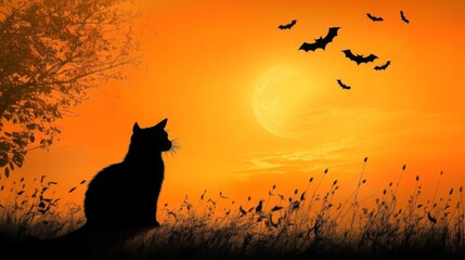 Black Cat Silhouetted Against an Orange Sunset with Bats Flying and a Partial Moon