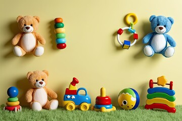 Obraz premium Vibrant Infant Toy Scene with Soft Teddy Bears and Learning Toys on Light Yellow Background