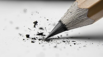 A close-up of a pencil tip breaking under pressure, with small fragments of graphite scattered on the page, symbolizing the fragility of creativity.