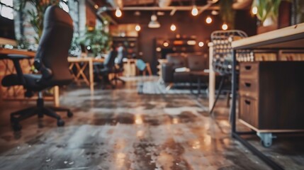 Blurry wideangle view of minimalist office floor with motion capture creating the illusion of floating desks and chairs in a dreamlike space