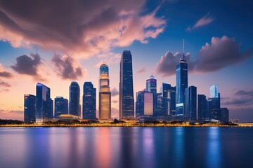 Twilight Cityscape with Modern Skyline Abstract Clouds and Evening Beauty