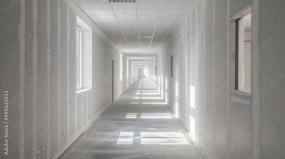Poster long empty corridor in a new building under construction, featuring white walls and ceiling with bea