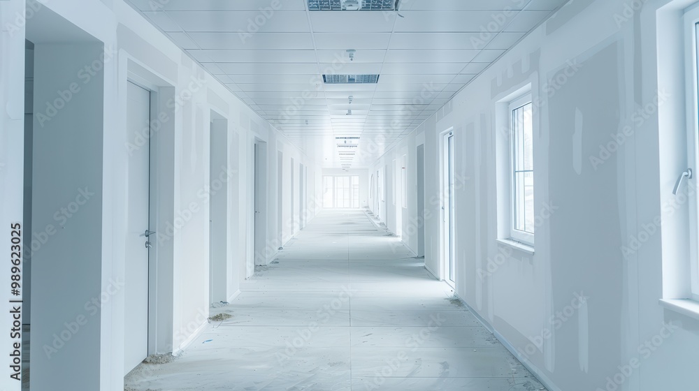Poster long empty corridor in a new building under construction, featuring white walls and ceiling with bea