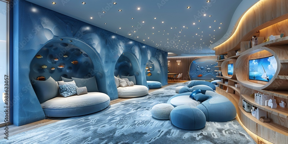 Poster childrens futuristic playroom smart toys interactive digital screens and virtual learning spaces int