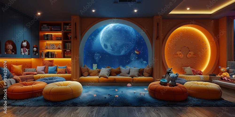 Poster childrens futuristic playroom smart toys interactive digital screens and virtual learning spaces int