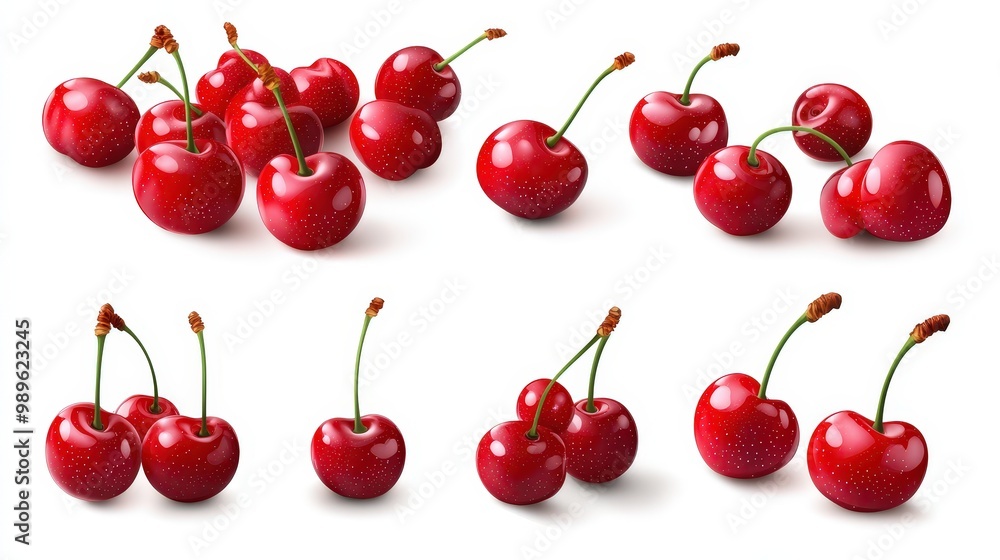 Poster fresh red cherries collection - minimal vector design on transparent background for graphic mockups