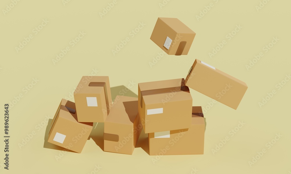 Poster minimalist cardboard boxes falling on each other on yellow background. 3d rendering