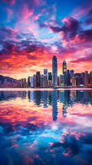 Vibrant Twilight Sky Over Bustling Hong Kong Harbour: A Showcase of Architectural Magnificence and Commerce