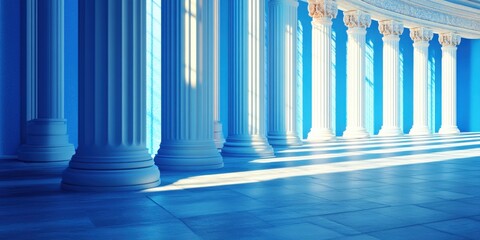 Blue columns in classic architecture with gray walls and shadows