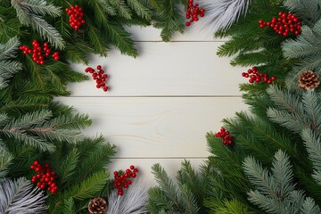 New Year Celebration Decor Spruced Evergreen Layers and Berries on Ivory Ocean Shore Background