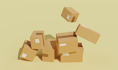 Minimalist cardboard boxes falling on each other on yellow background. 3d rendering 