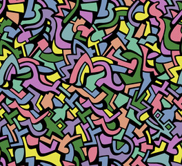Abstract drawing of black lines painted in different colors.Seamless pattern.