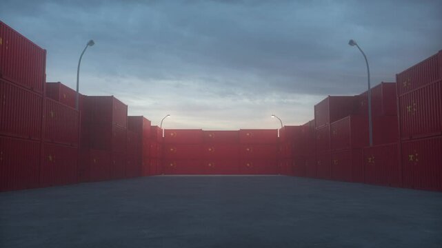 China export or import concept. China flag containers are located at the container terminal