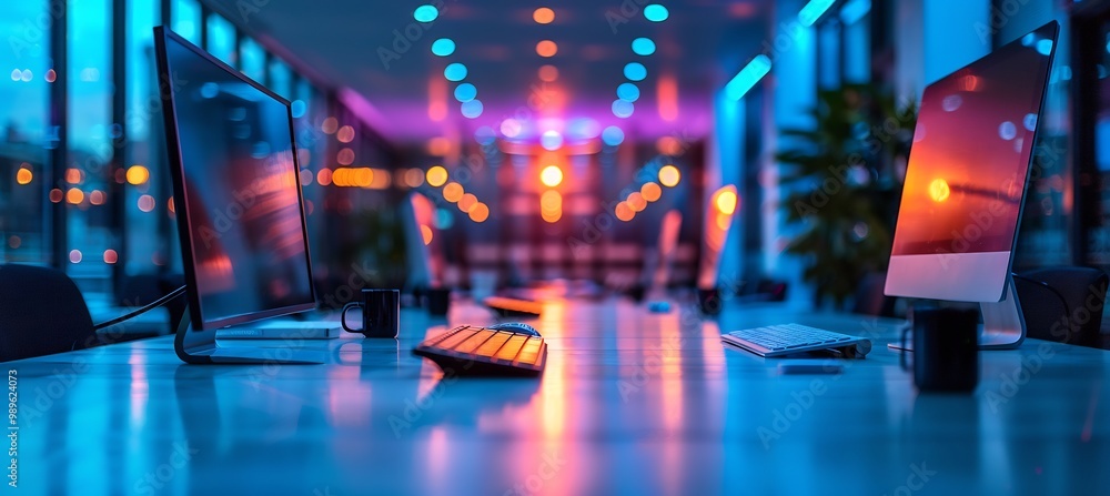 Poster corporate office space captured a soft blur with overhead lighting reflecting off modern desks creat